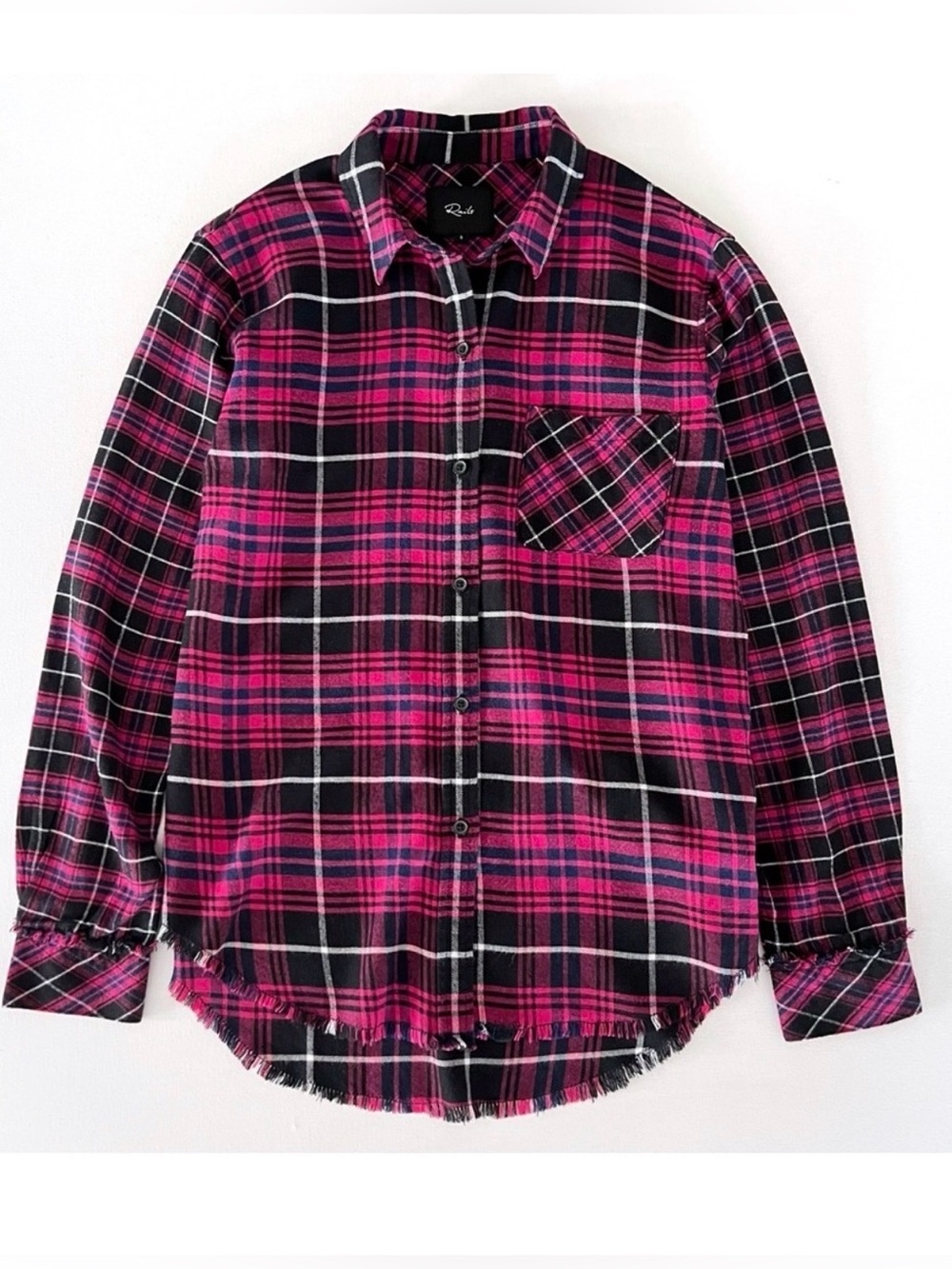 Rails Brock Plaid Flannel Button Down Frayed Hem Shirt Fuchsia Black Navy Small